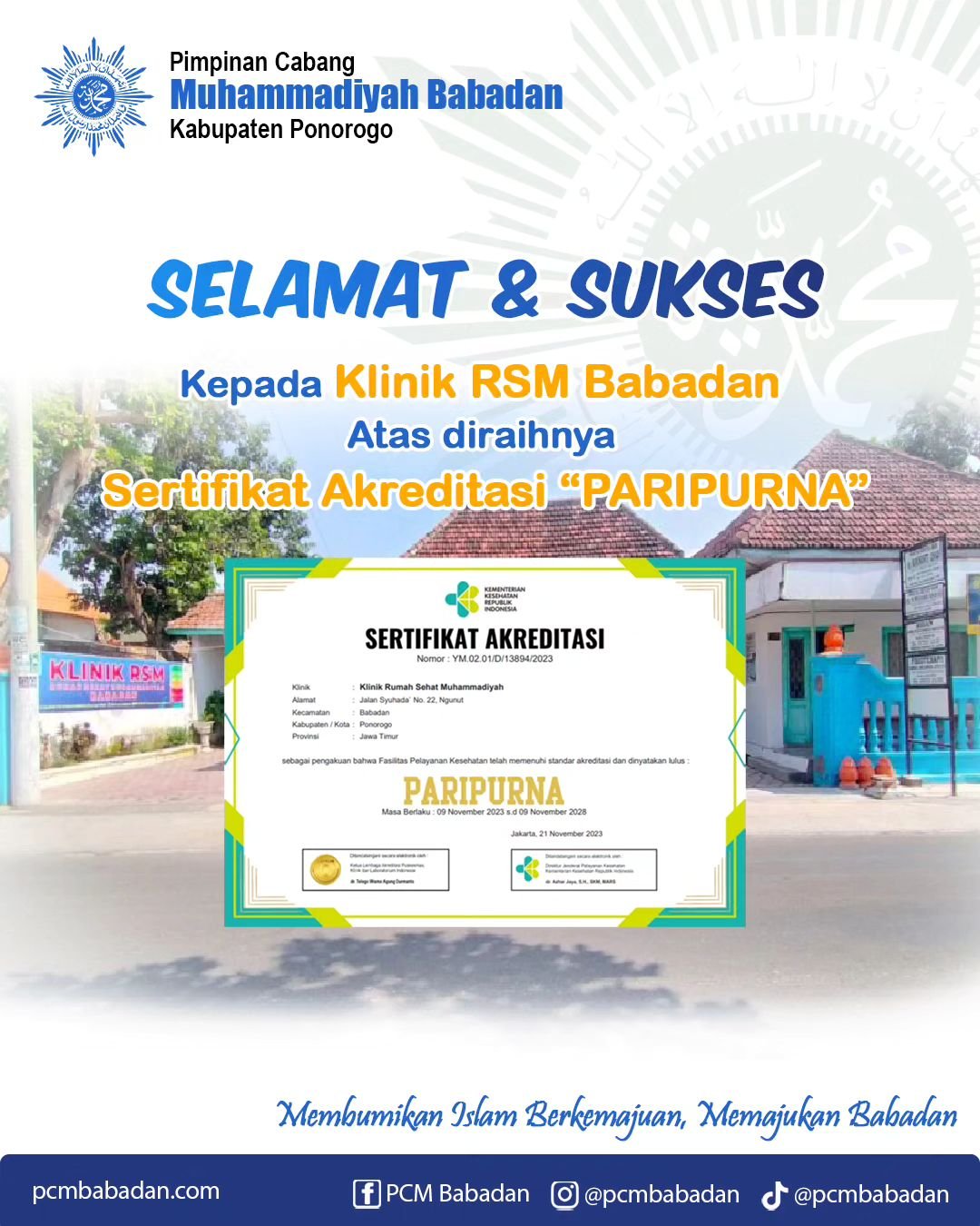 Klinik Rumah Sehat Muhammadiyah (RSM) Babadan Meraih Sertifikat Akreditasi “Paripurna”